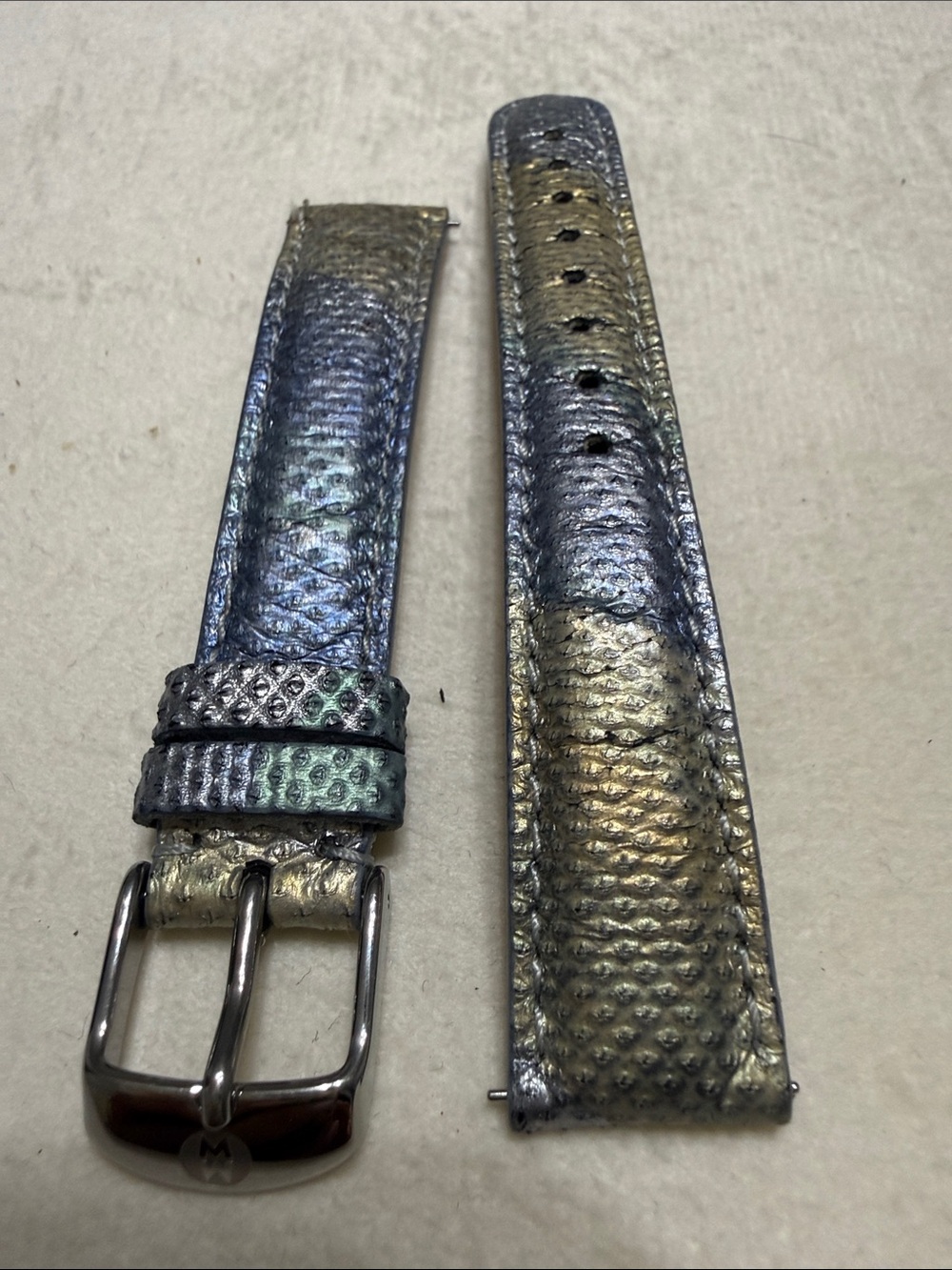 Michele Iridescent Metallic Blue-Gold Leather Watch Strap